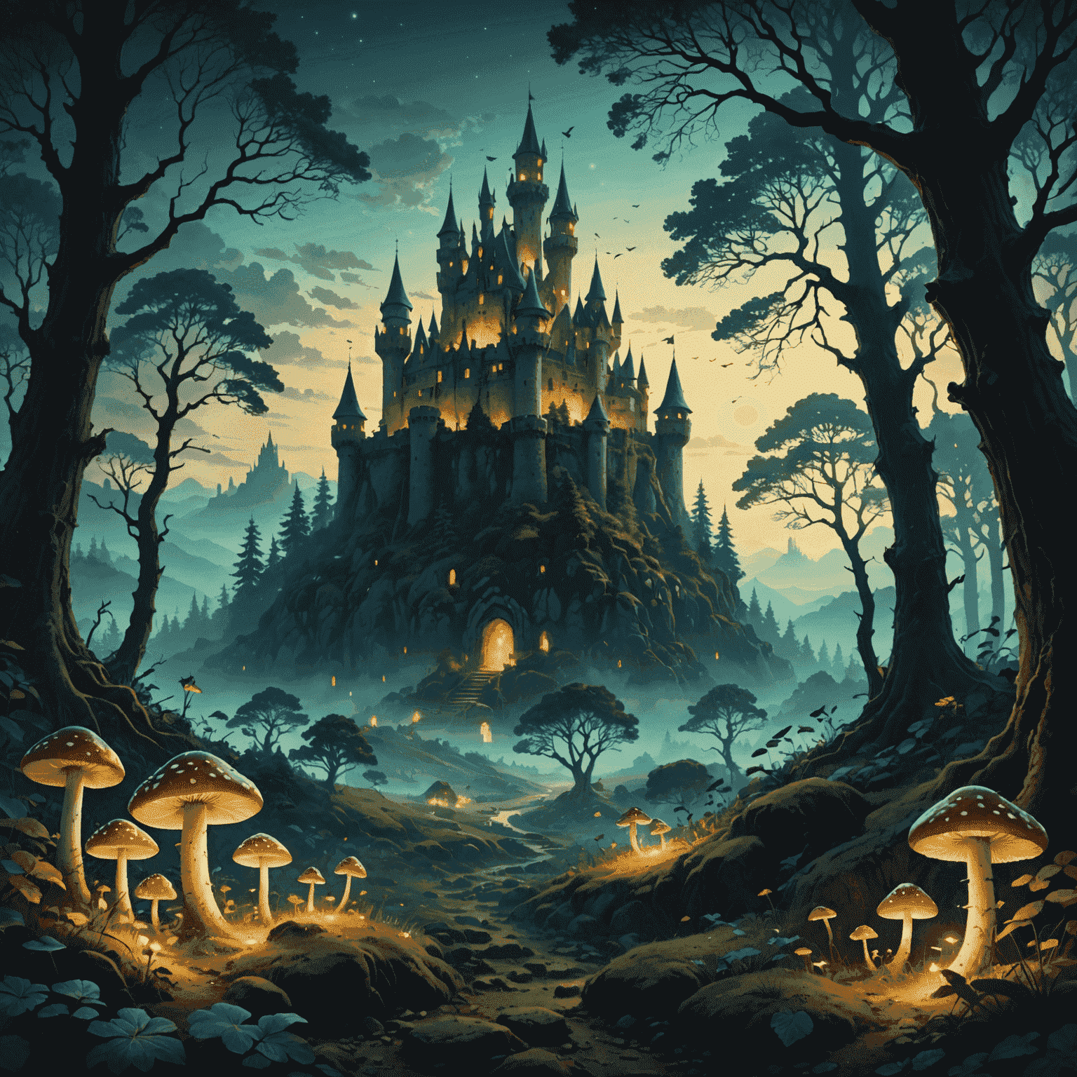 A mystical forest with towering trees, glowing mushrooms, and a distant castle silhouette on a hill. The image captures the essence of an enchanted realm in Sociality GMS.