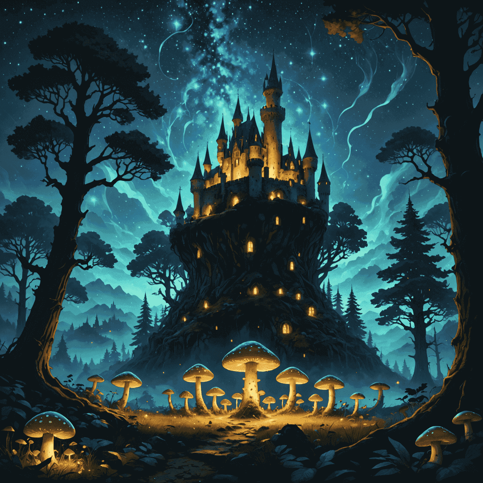 A mystical forest with towering trees, glowing mushrooms, and a distant castle silhouette against a starry sky. The image captures the magical essence of Sociality GMS's game world.