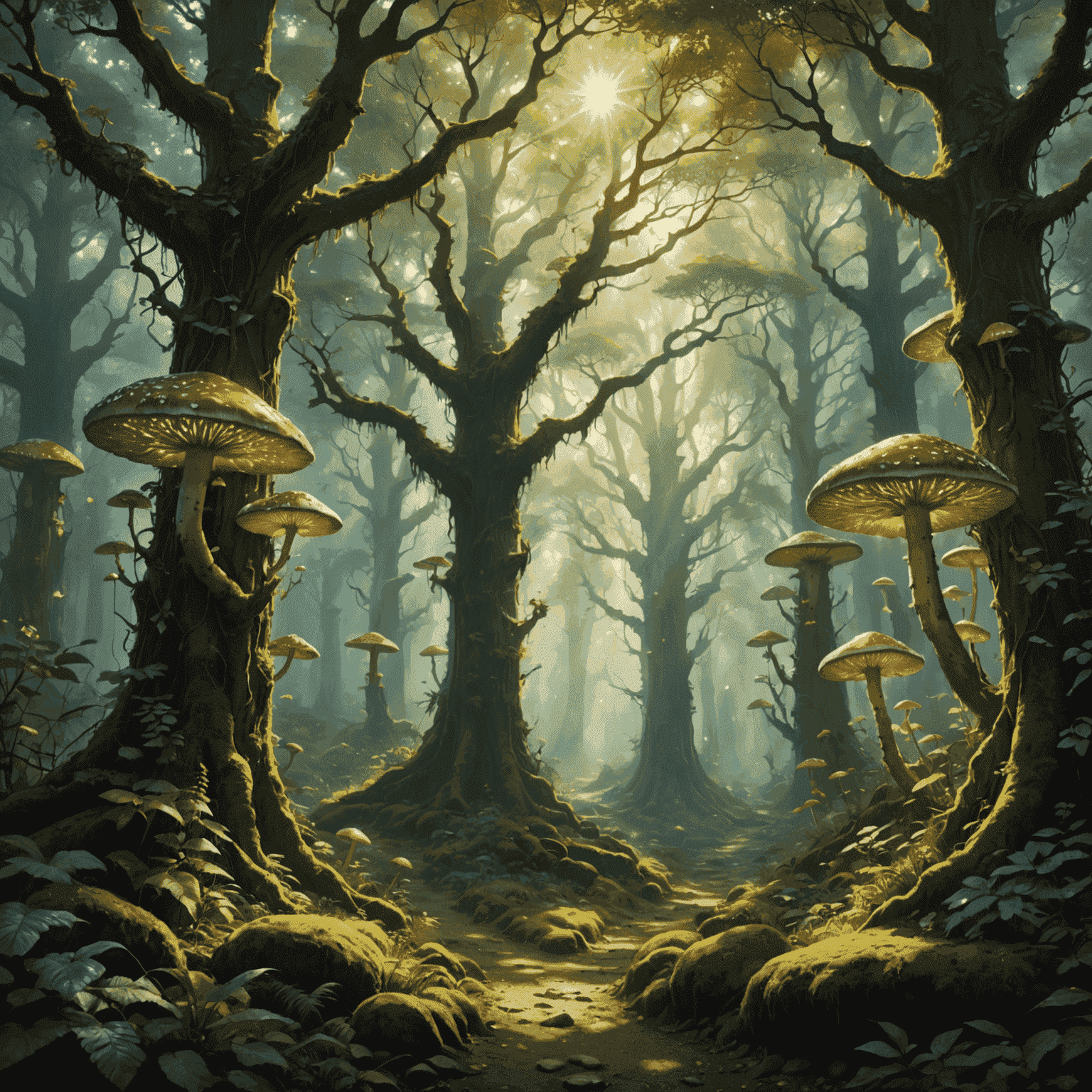 A dense, misty forest with ancient trees towering overhead. Shafts of golden sunlight pierce through the canopy, illuminating a winding path strewn with luminescent mushrooms and magical flora. Ethereal wisps of light dance between the trees, hinting at the magical secrets hidden within.