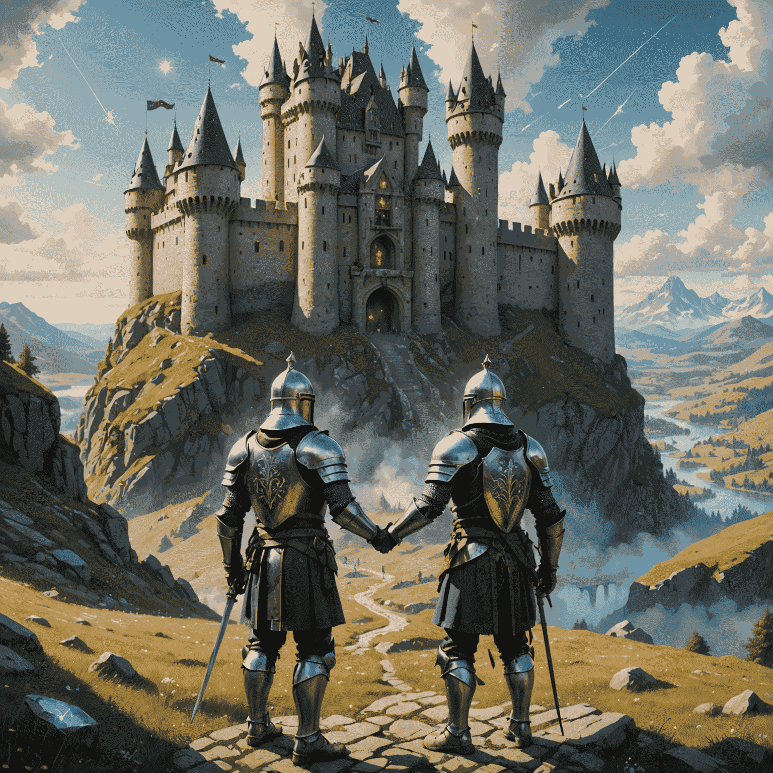 A majestic castle on a hill with two knights shaking hands in the foreground, surrounded by magical runes and floating crystals