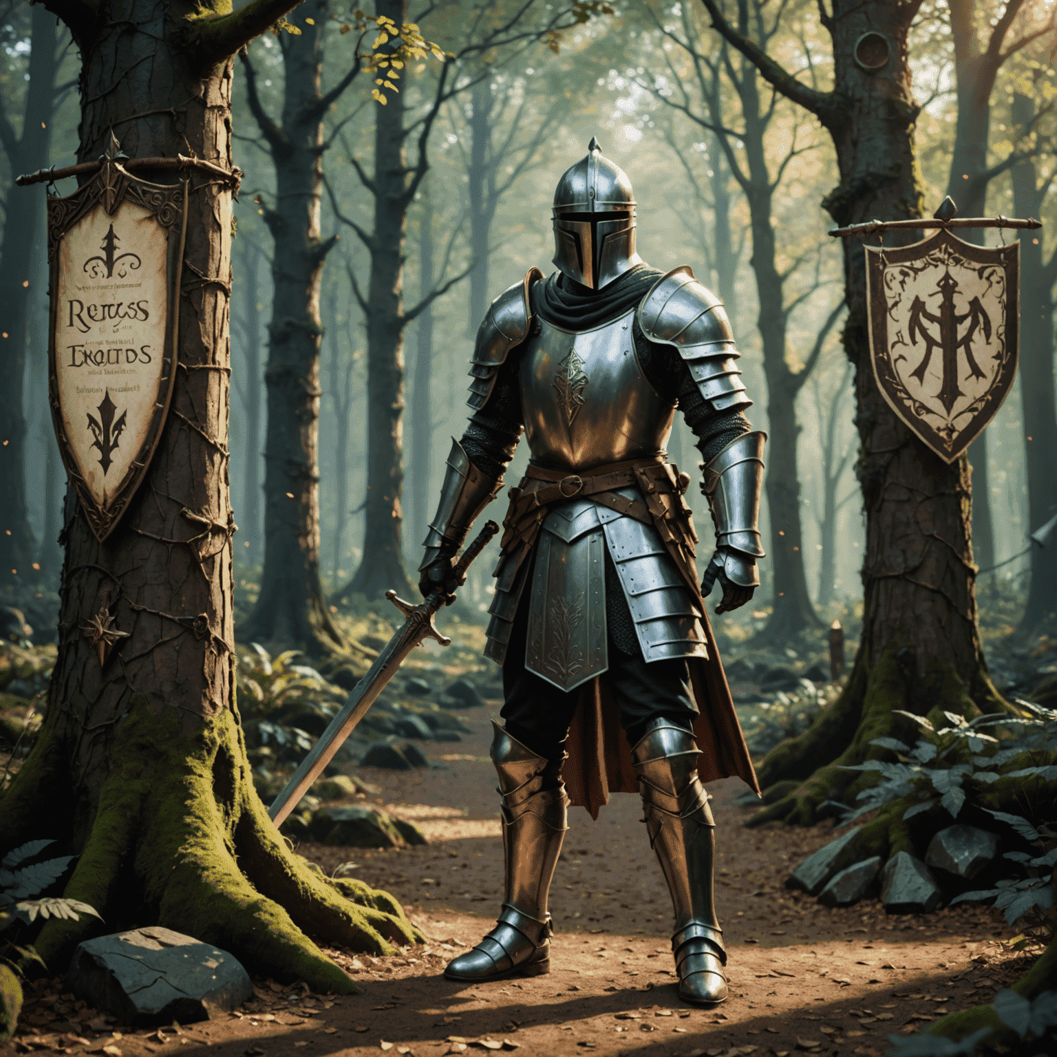 A majestic knight standing at the entrance of an enchanted forest, with magical runes floating around and a tournament banner visible in the background. The image showcases new features like spell crafting and the knight's tournament.