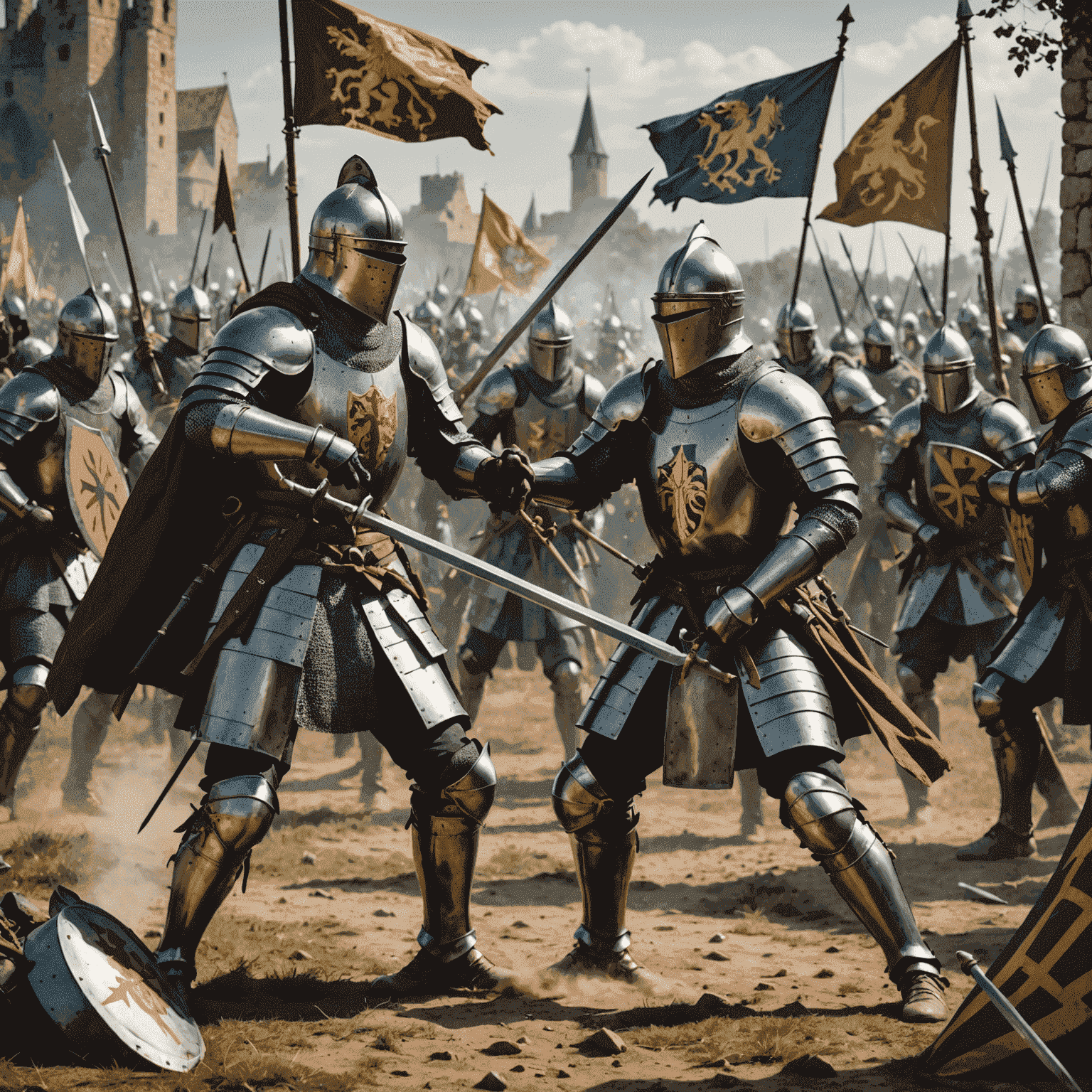 A dynamic scene of two knights engaged in combat, showcasing various medieval weapons and armor. The background features a battlefield with banners and heraldic symbols, representing the strategic elements of Sociality GMS.