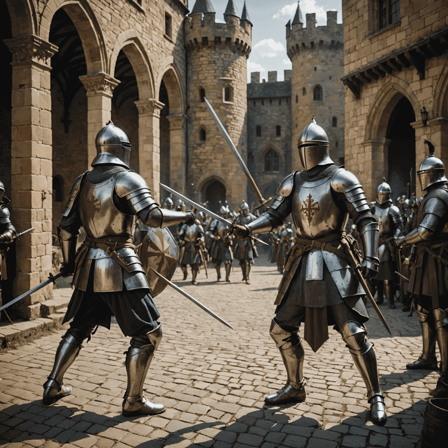 A dynamic scene of two knights engaged in combat, showcasing various medieval weapons and armor. The background hints at a castle courtyard, emphasizing the strategic elements of warfare in Sociality GMS.