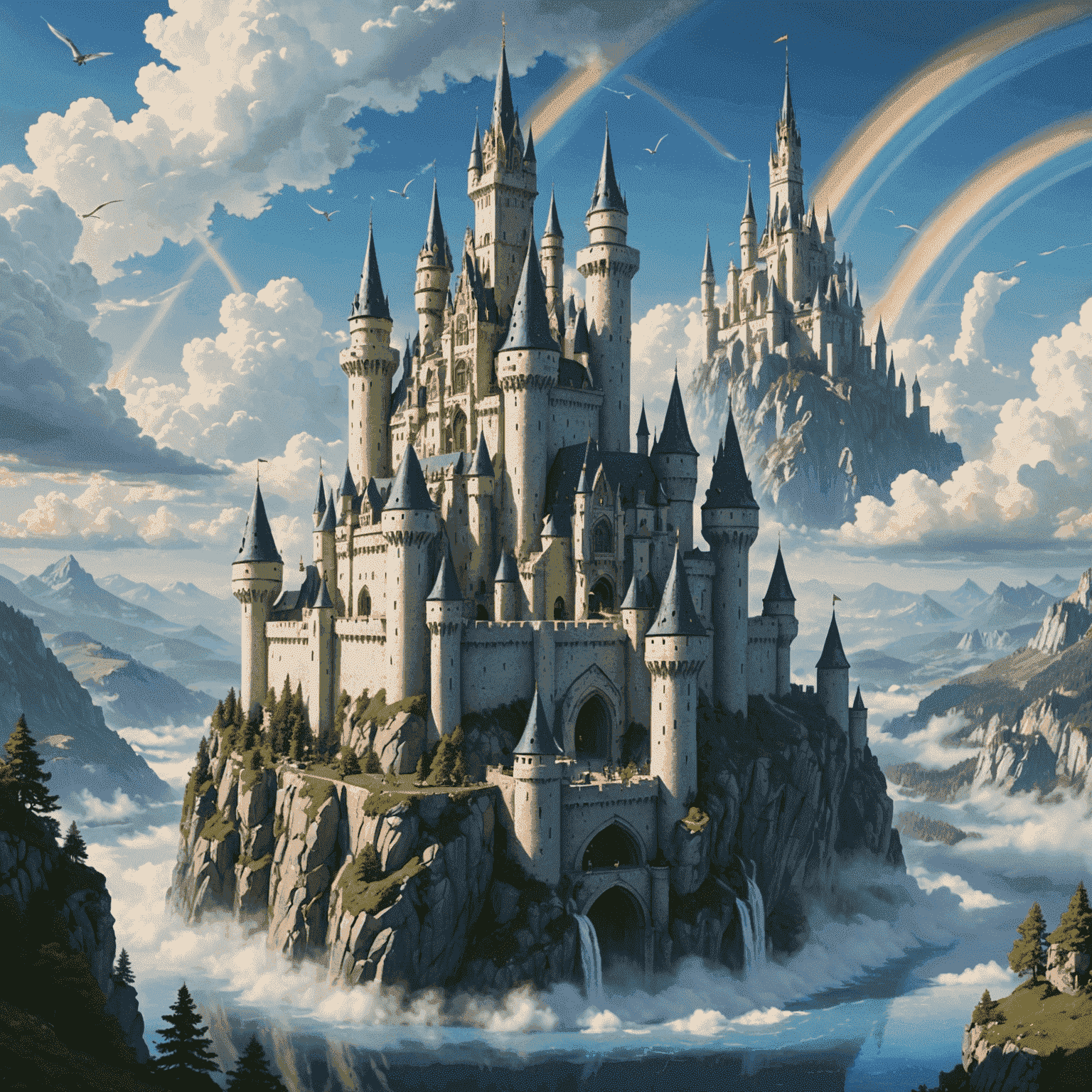 A majestic castle floating among the clouds, its spires reaching towards the heavens. The citadel is constructed of shimmering white stone that seems to glow with an inner light. Flying buttresses and ornate towers are adorned with magical runes, and rainbow bridges connect various sections of the floating fortress.