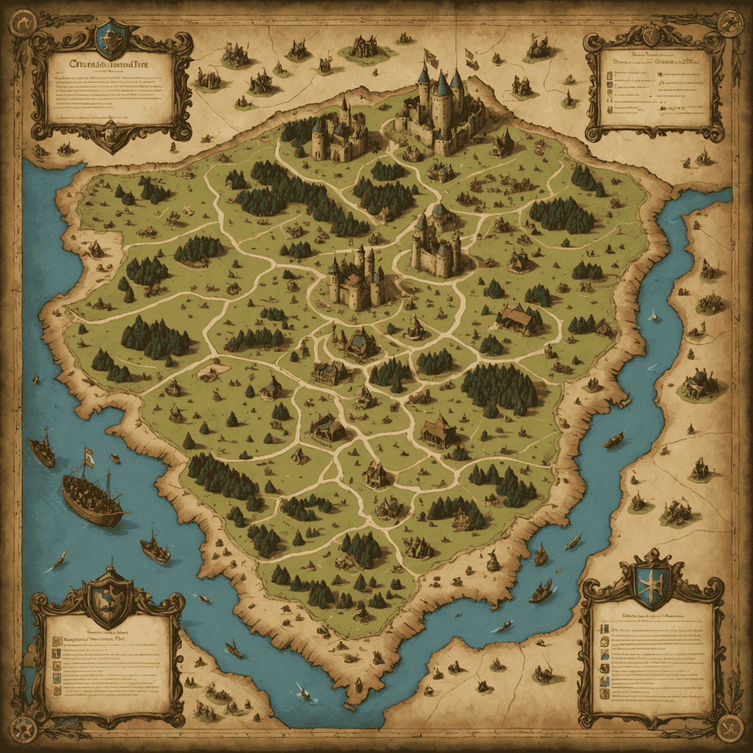 A strategic map showing various battle formations and tactics, including flanking maneuvers, shield walls, and cavalry charges. The map is styled like a medieval parchment with hand-drawn illustrations.