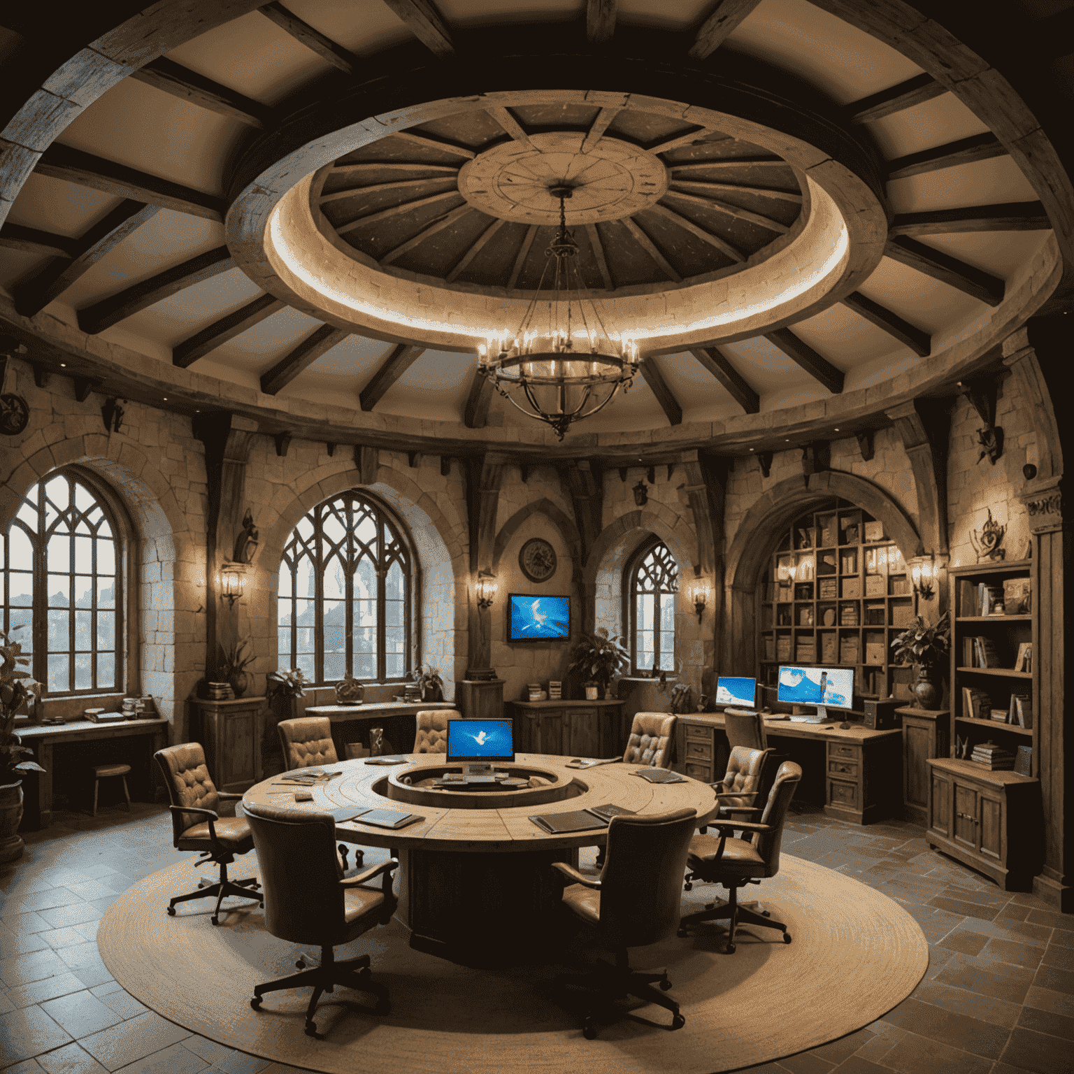 Interior of the 'Castle of Creativity' office space, showing themed work areas with medieval-inspired decor, developers' desks with multiple monitors, and a central meeting area designed like a round table