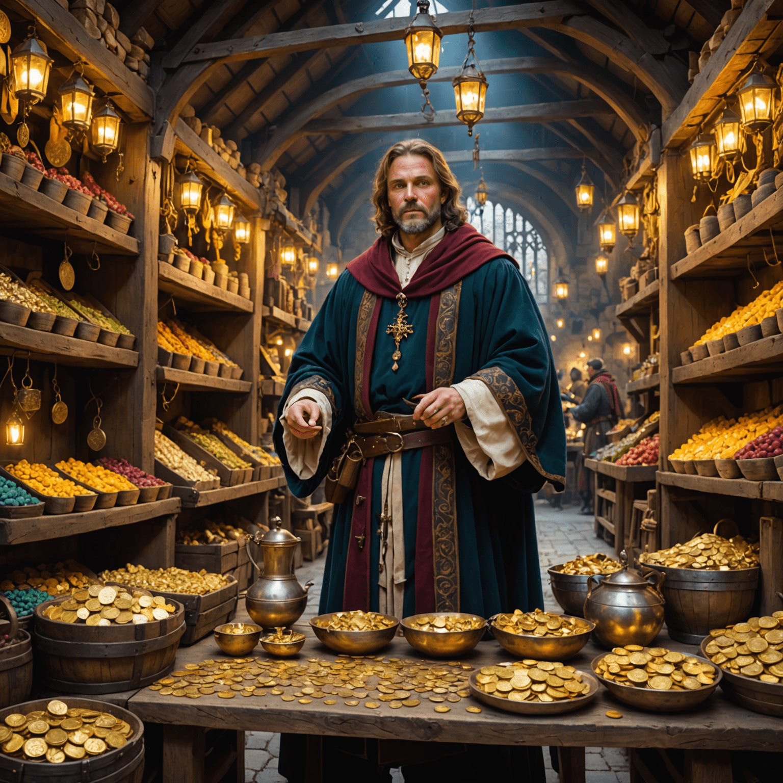 A medieval marketplace with colorful stalls, magical items for sale, and a central figure dressed in rich merchant's robes surrounded by glowing coins and treasure chests