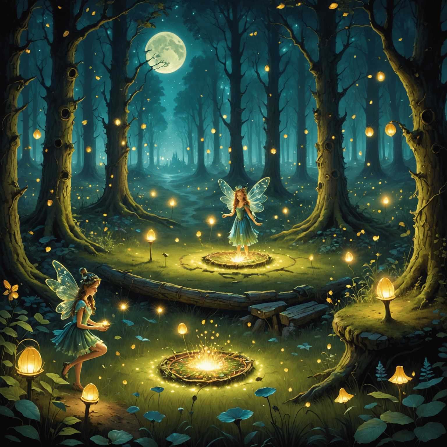 A mystical fairy ring in a moonlit forest clearing, with characters dressed in ethereal midsummer costumes. Fireflies illuminate the scene, and magical slot machines can be seen in the background, blending the fantasy setting with social casino elements.