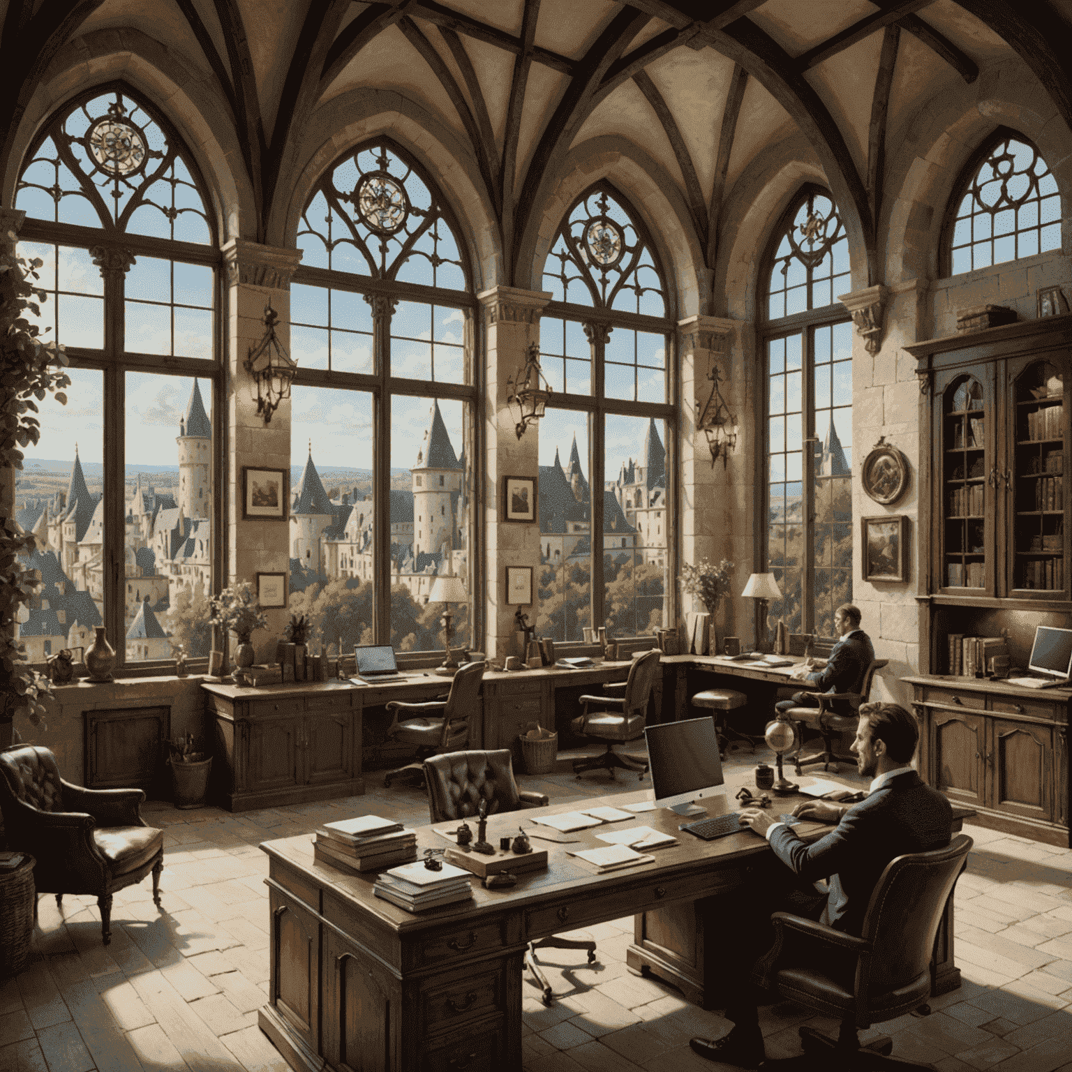 A modern office space with medieval-themed decor, showing developers at work on Sociality GMS. The image includes French architectural elements and views of a picturesque French landscape through large windows.