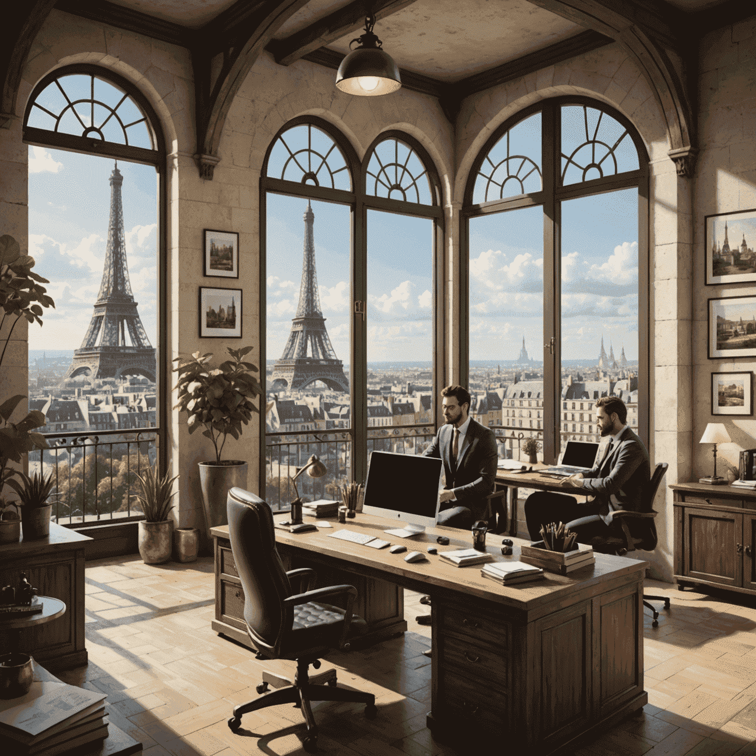 A modern office space with medieval-themed decor, showing developers at work on Sociality GMS. The image includes French architectural elements and a view of the Eiffel Tower through a window, emphasizing the game's development location.