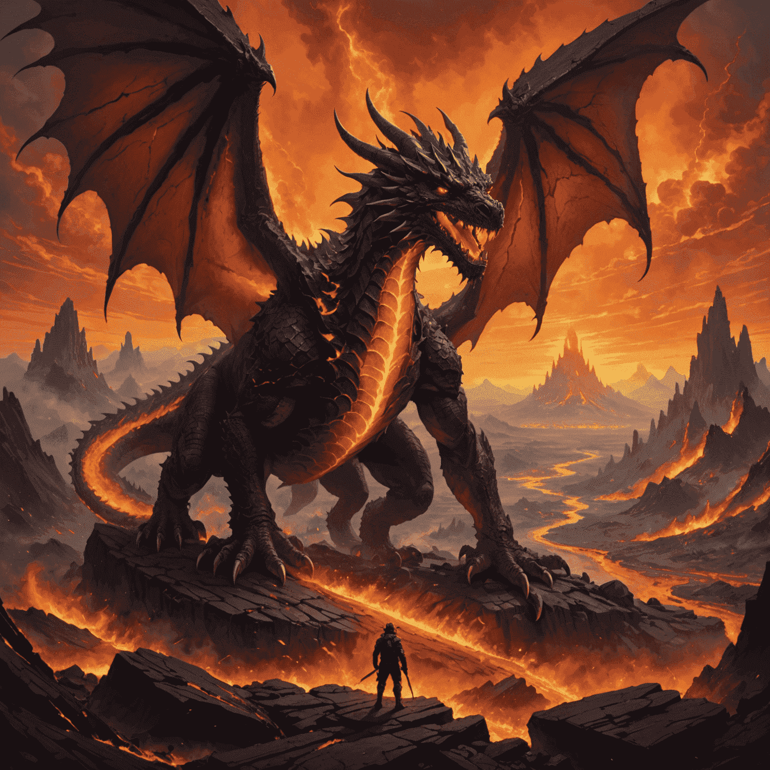 A vast, scorched landscape with jagged rock formations and rivers of lava. The sky is tinted orange and filled with ash and embers. In the distance, a massive dragon can be seen soaring over the plains, its scales glinting in the fiery light.