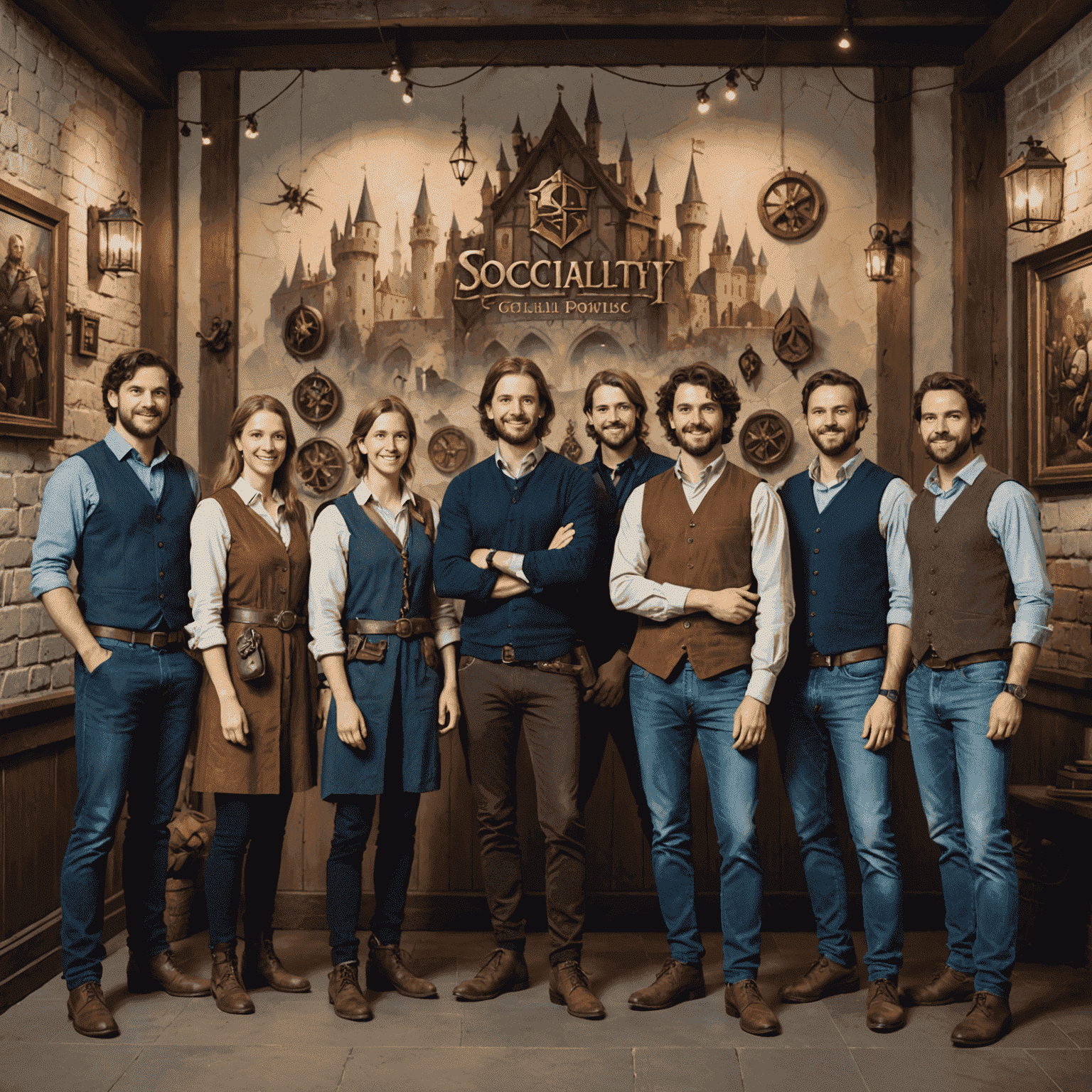 Group photo of the Sociality GMS development team, dressed in casual office attire with playful medieval-themed accessories, standing in front of a wall decorated with concept art from their games