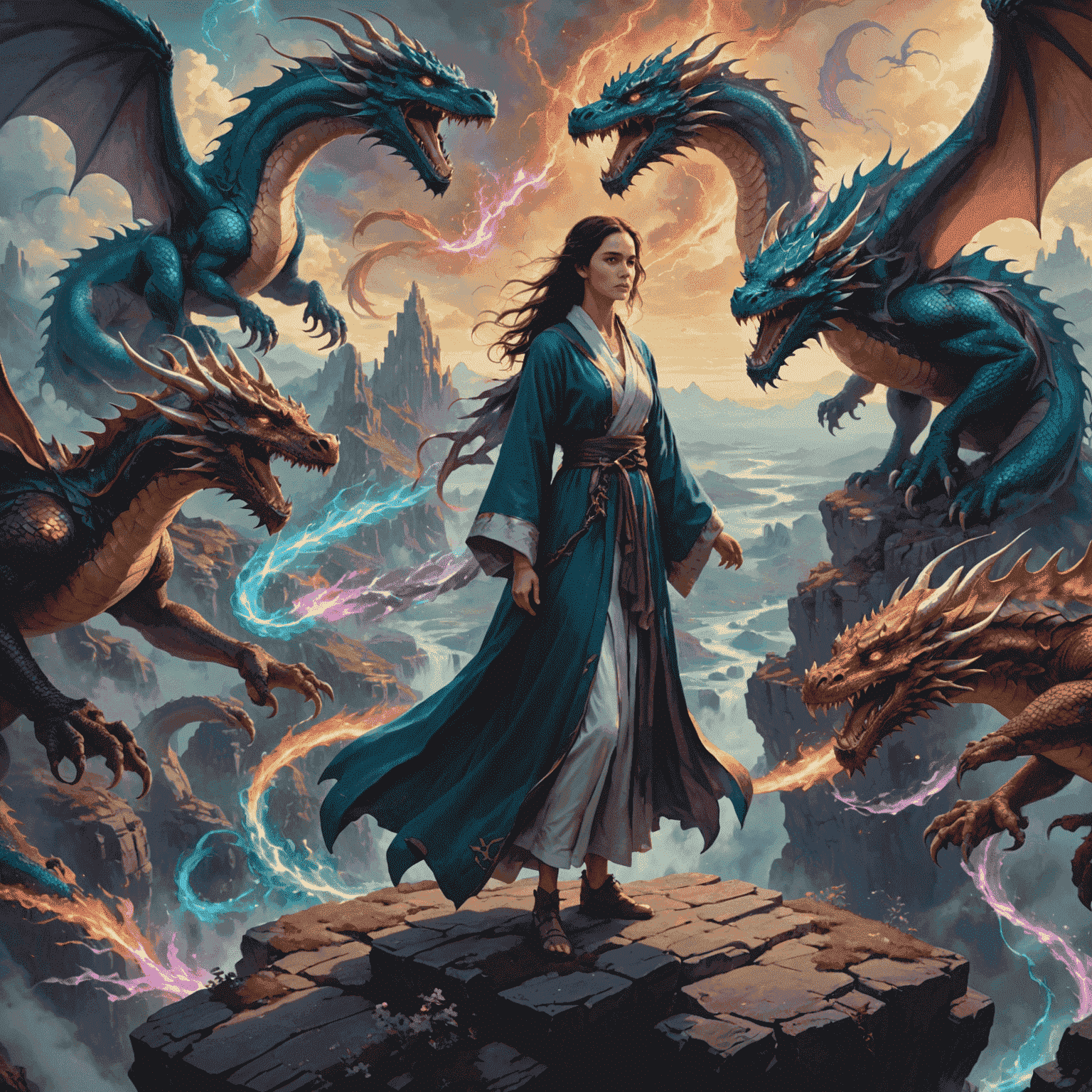 A young woman with flowing robes standing on a cliff edge, surrounded by several large dragons of different colors, with a magical aura connecting them