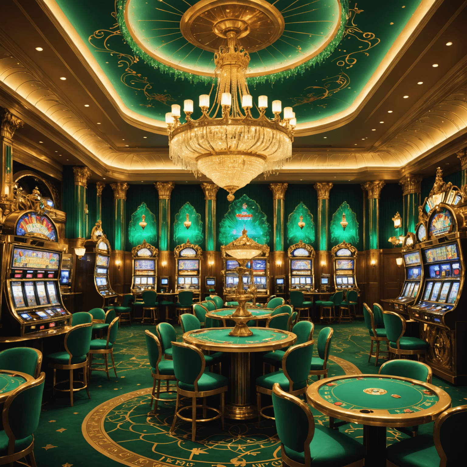 A grand, opulent casino with magical themes. Golden chandeliers float in mid-air, casting a warm glow over emerald green gaming tables. Magical creatures serve as croupiers, and playing cards come to life with animated illustrations. Slot machines feature mystical symbols and occasionally erupt in showers of magical sparks.