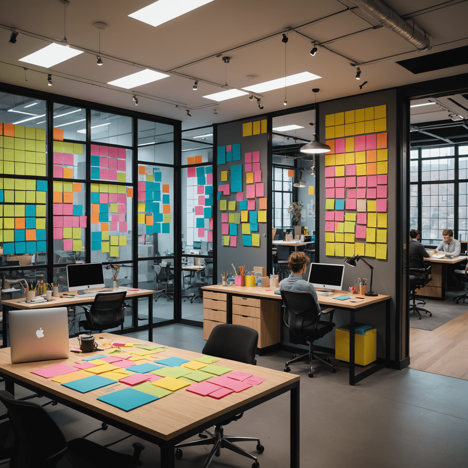 The 'Alchemy Lab' brainstorming area, featuring colorful sticky notes on glass walls, designers gathered around a table with tablets and sketchbooks, and 3D models of game characters on display