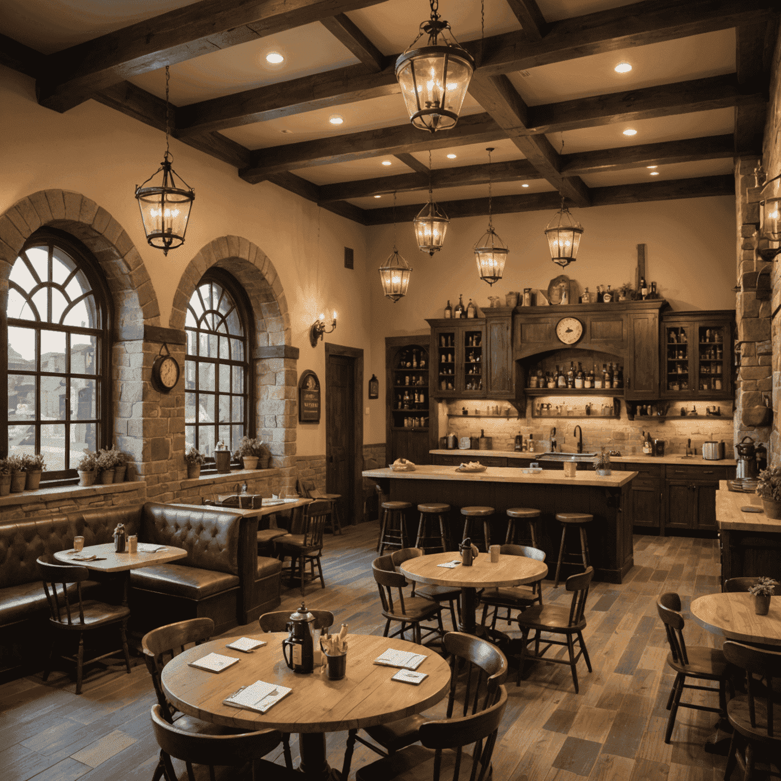 The 'Social Tavern' break room with medieval-inspired decor, comfortable seating areas, a snack bar, and team members enjoying a casual conversation over coffee